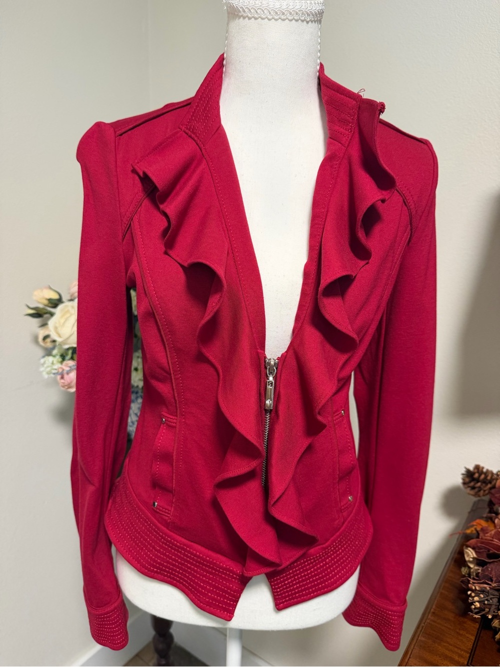 White House Black Market Ruffled Zip-Front Blazer Red Tailored Professional